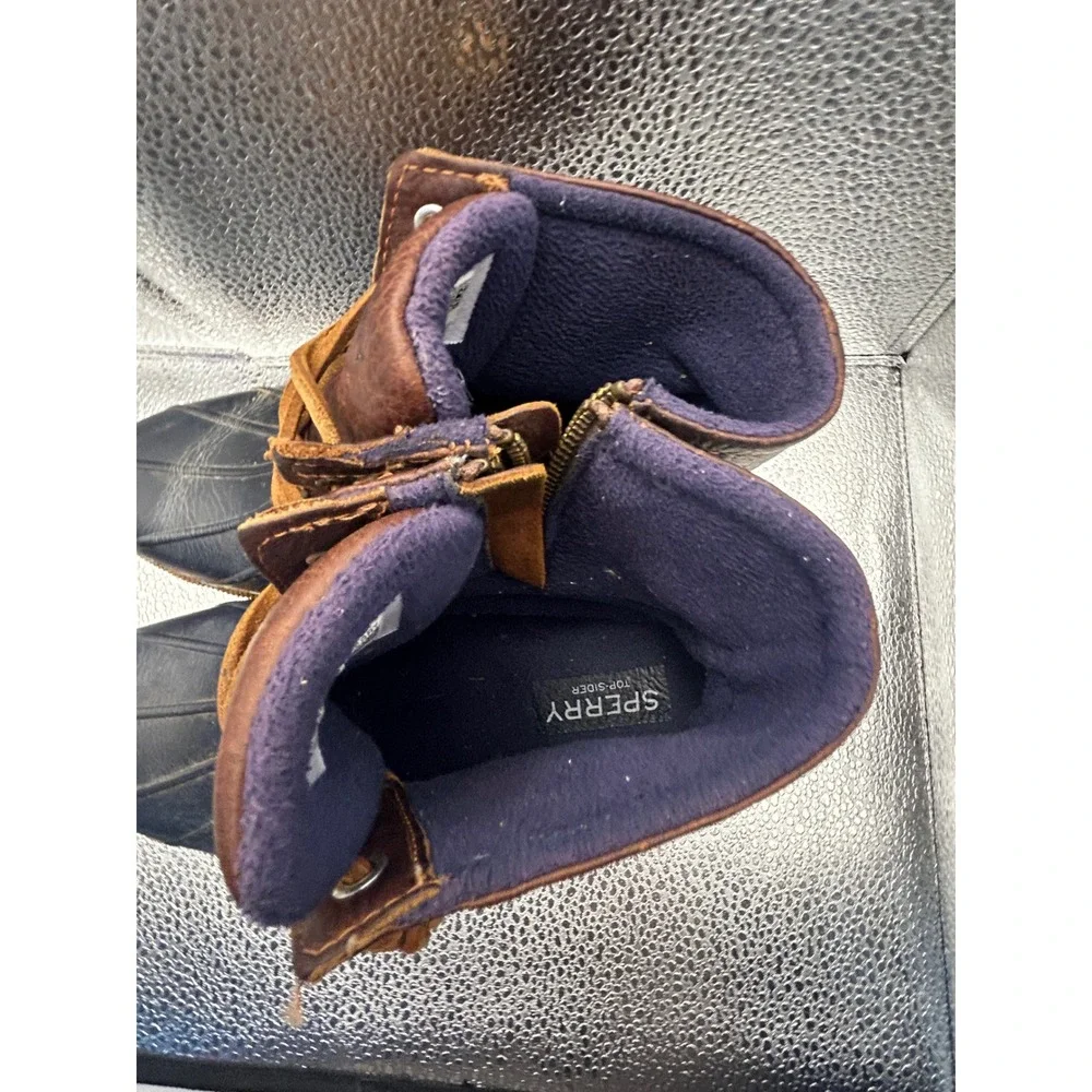 Sperry Saltwater Duck Boots Womens 7 Brown Navy Leather Waterproof STS91175